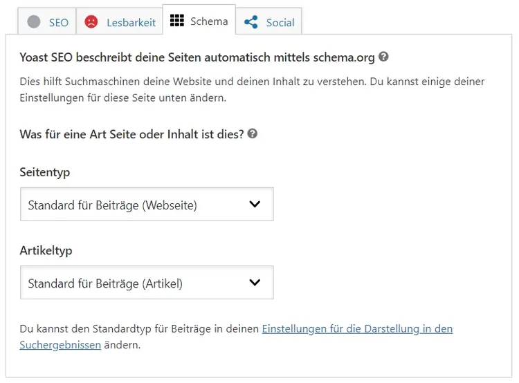 Angaben über Content für Schema-Markup in Yoast SEO