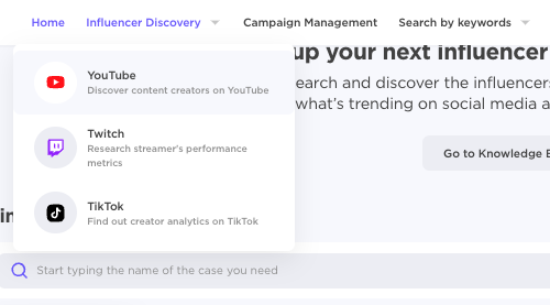 Die Option "YouTube" im Dropdown-Menü "Influencer Discovery" ist in der App Influencer Analytics ausgewählt.