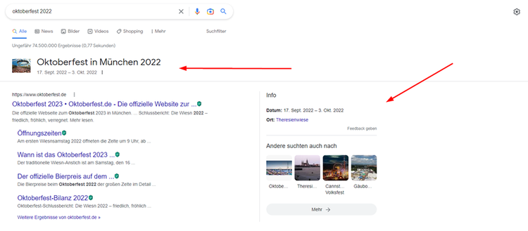 Google Search für Oktoberfest 2022 mit Veranstaltungsinfos