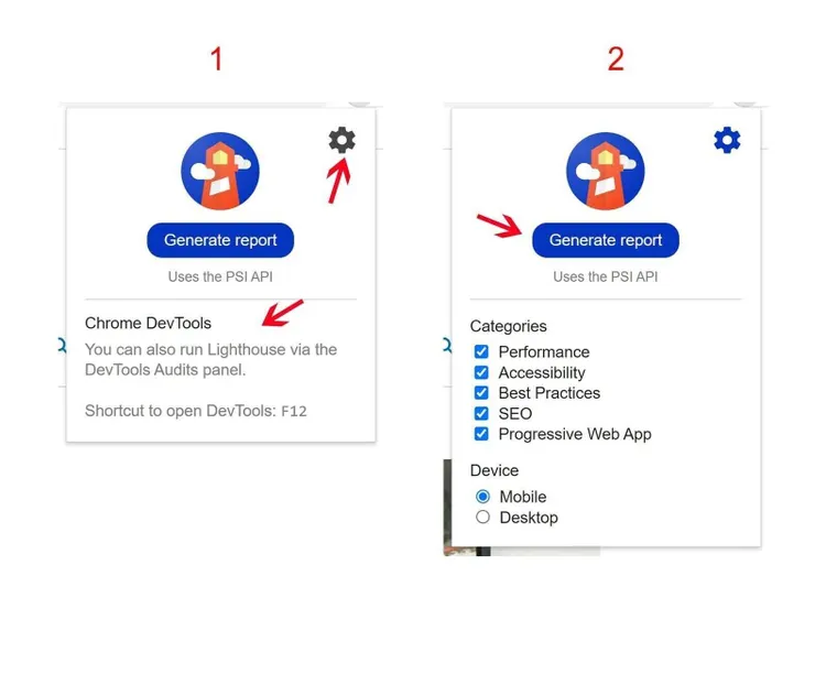 Lighthouse-Erweiterung: Performance, Accessibility, Best Practices, SEO-Kategorien