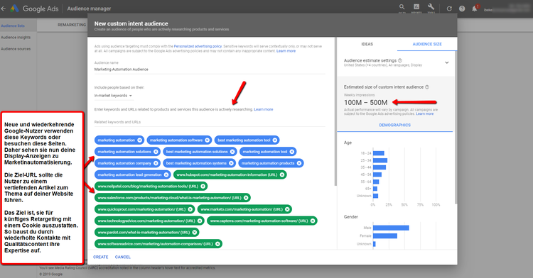 Google Ads Audience-Dialog mit Custom Intent und Zielgruppengröße