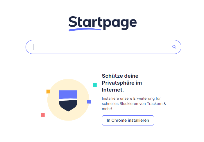 Startpage Suchmaschine mit Datenschutz-Symbol und Text
