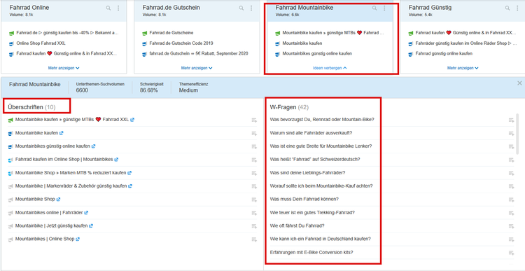 Topic Research Mountainbike mit Suchergebnissen und FAQ