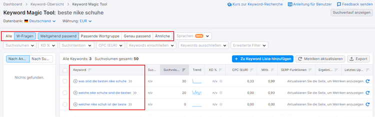 Semrush Keyword Magic Topic Research beste nike schuhe Fragen
