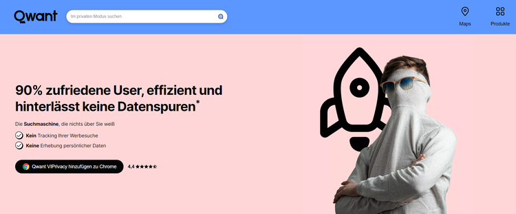 Qwant Suchmaschine mit Raketen-Illustration und Text