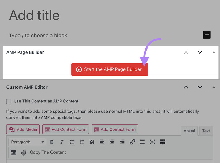 Schaltfläche "AMP Page Builder starten" hervorgehoben
