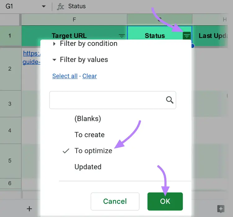 Dropdown-Menü für Tabellenkalkulationsfilter in der Spalte „Status“, wobei „Zu optimieren“ ausgewählt ist und sich unten eine Schaltfläche „OK“ befindet.