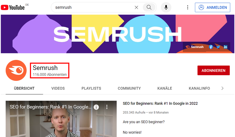 Screenshot: Übersichtsseite des YouTube-Kanals von Semrush