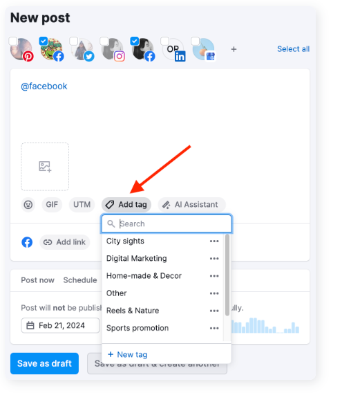Semrush Social Poster New Post mit Content-Tagging-Optionen