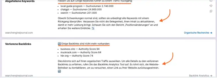 Copilot Insights: gefundene Keywords mit Suchvolumen und verlorene Backlinks-Analyse