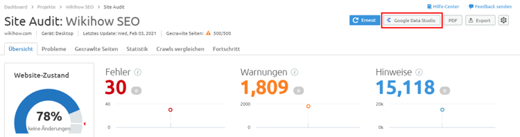 Export aus dem Site Audit in Google Data Studio