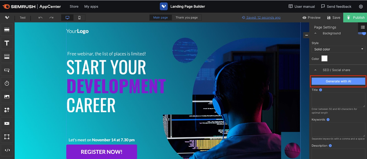 Landing Page Builder showing webinar registration page mockup