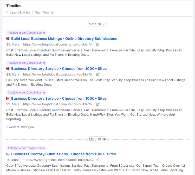 Screenshot: Die Timeline in Semrush EyeOn