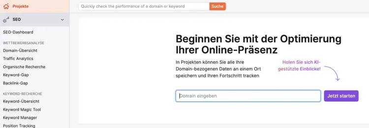 Semrush Copilot Projektstart: Domain eingeben, Online-Präsenz optimieren starten
