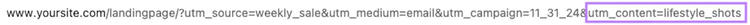 UTM-Inhaltsparameter „utm_content=lifestyle_shots“, hervorgehoben am Ende einer URL