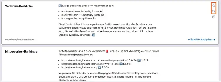 Copilot Insights mit Feedback-Symbolen (Daumen hoch/runter) zur Bewertung der Empfehlungen