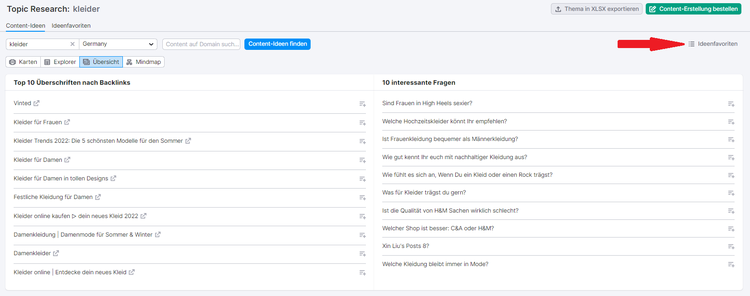 Topic Research Interface mit Pluszeichen zum Speichern von Themen in Favoriten