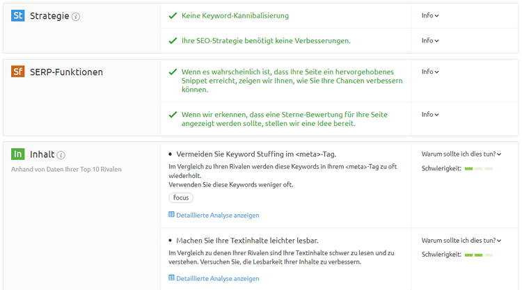 Screenshot: Vorschläge im On Page SEO Checker