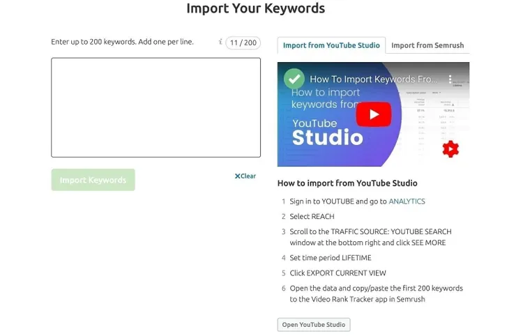 Import von YouTube Keywords im Video Rank Tracker