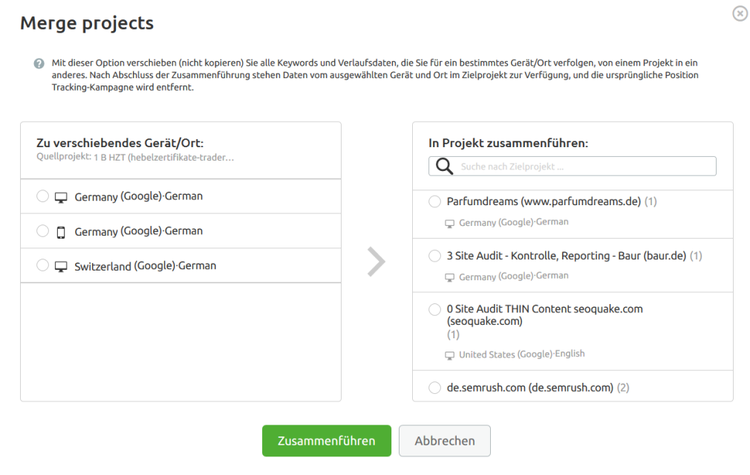 Semrush Merge Projects Dialog mit Device/Location-Zusammenführung