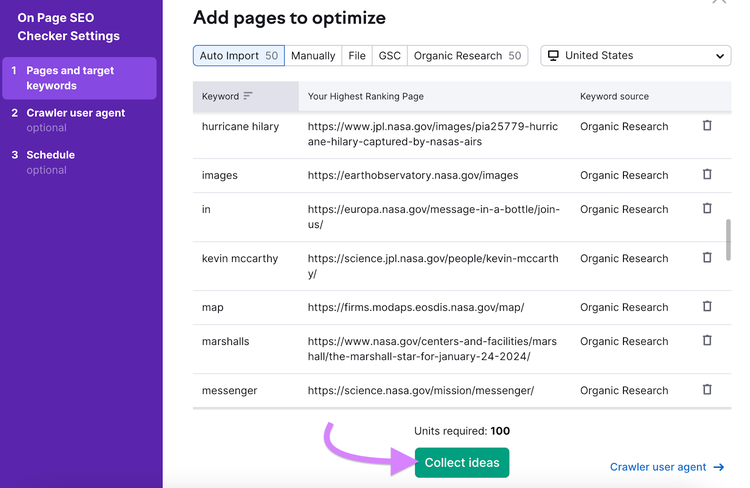Fenster "Zu optimierende Seiten hinzufügen" in den Einstellungen des On Page SEO Checker