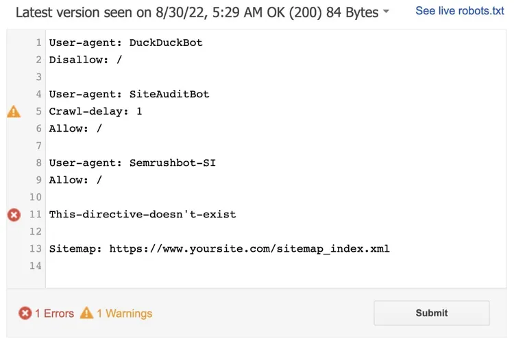 Fehlerbericht vom robots.txt-Tester