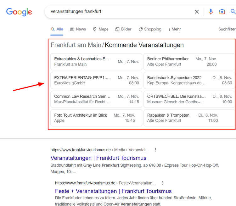 Screenshot: Veranstaltungen im Google-Suchergebnis