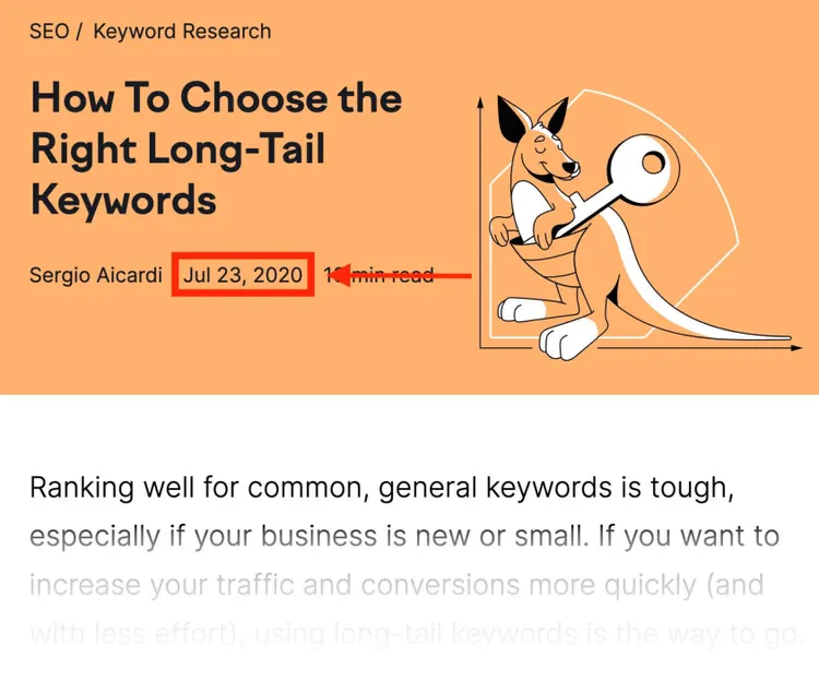 Screenshot: Semrush-Artikel zu Longtail-Keywords, Datum hervorgehoben