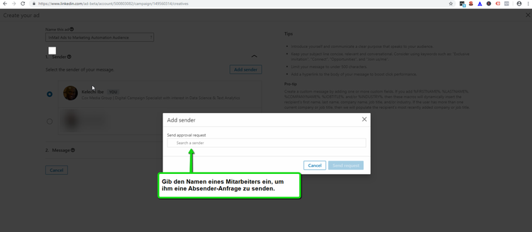 LinkedIn Dialog zum Hinzufügen eines Absenders mit Mitarbeiter-Name-Eingabe
