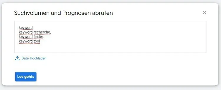 Keyword Planner Dialog mit Keywords-Liste zum Abrufen