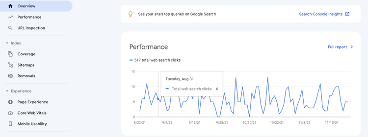Screenshot: Die Website-Leistung in der Google Search Console