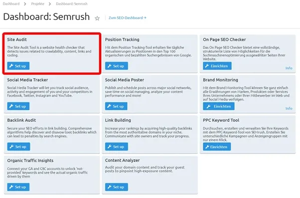 Semrush Dashboard mit verschiedenen Tools: Audit, Tracker, Backlink, etc.