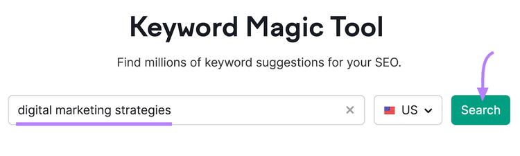 „Digitale Marketingstrategien“ in die Keyword Magic Tool-Suche eingegeben