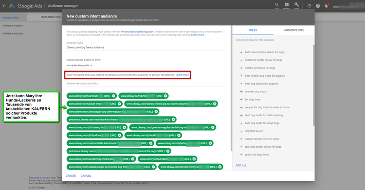 Google Ads Audience Manager Dialog für Custom Intent Audience