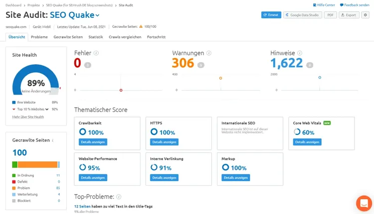 Semrush Site Audit-Dashboard mit 89% Site Health Score, Fehlern und Warnungen