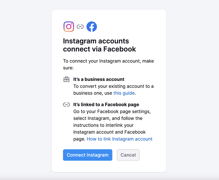 Die Meldung, die Sie direkt vor der Verbindung Ihres Instagram-Kontos mit 'Semrush Social' sehen.