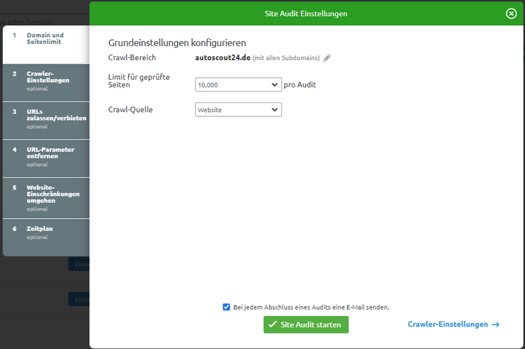Site Audit setup dialog with crawl settings and domain options