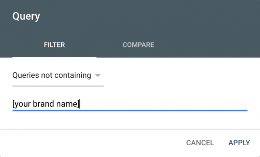 Search Console query filter dialog excluding brand searches