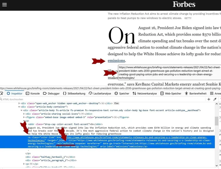 Forbes-Artikel mit HTML-Inspektor zeigt nofollow Links im Code