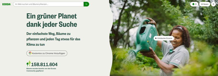 Ecosia Suchmaschine mit Baumplanzungs-Funktion und Illustration