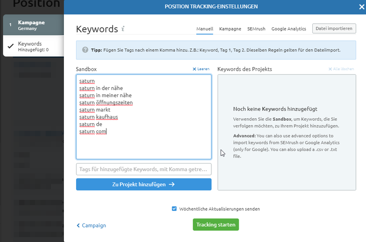Keyword-Eingabe in Position Tracking