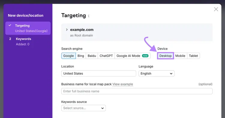 Targeting-Setup mit Pfeil, der auf die Geräteoption „Desktop“ zeigt.