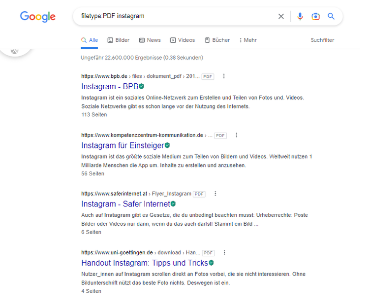 PDF-Suche mit dem Wort „Instagram“
