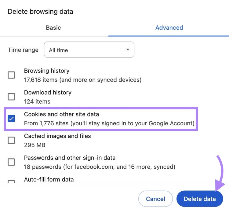 Seite „Browserdaten löschen“ in Google Chrome mit Auswahl von „Cookies und andere Websitedaten“ und Klick auf „Daten löschen“
