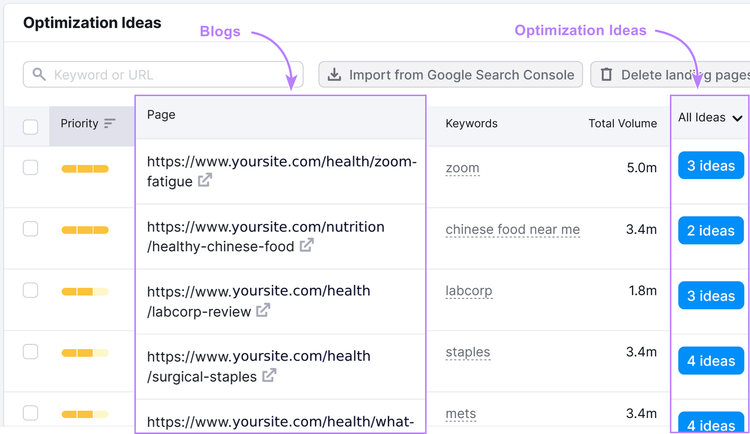 Tab „Optimierungsideen“ zeigt eine Liste von Blogbeiträgen und Optimierungsideen für jeden davon an