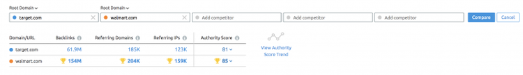 Backlink Gap tool comparing domains with backlink metrics