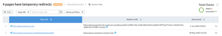 Redirects report example in SEMrush