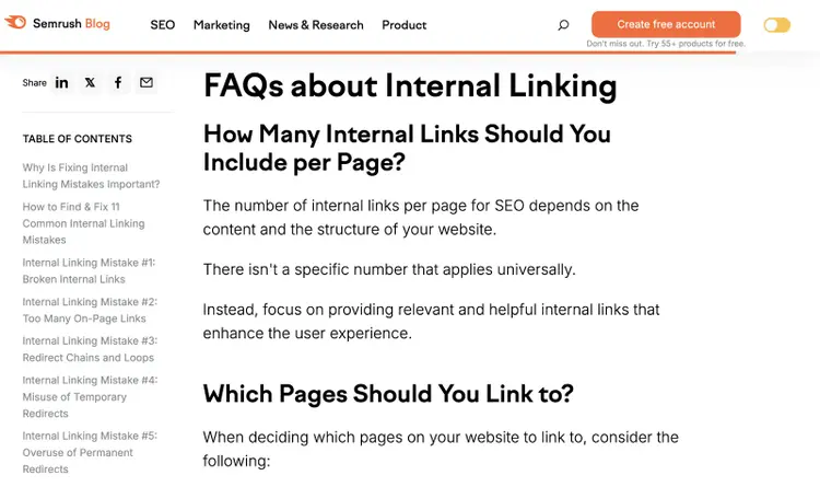 Abschnitt eines Semrush-Blogbeitrags mit dem Titel „Häufig gestellte Fragen zur internen Verlinkung“