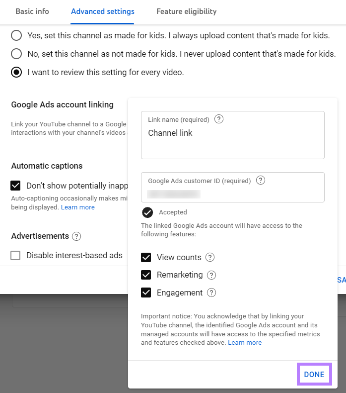 Einstellungen zur Verknüpfung des Google Ads-Kontos
