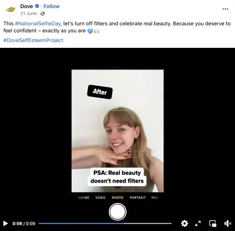 Der Facebook-Post von Dove, der die Schönheit junger Frauen ohne Filter fördert, mit dem Hashtag #DoveSelfEsteemProject